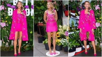 In another stunning appearance, Blake embraced flowers both on her dress and in her hair. Dressed in a pink mini dress by Indian label Pero, adorned with enchanting floral embellishments, she complemented it with a matching coat. With flowers styled in her hair and paired with pink heels, she radiated total Barbie vibes. (Instagram/@blakelively) In another stunning appearance, Blake embraced flowers both on her dress and in her hair. Dressed in a pink mini dress by Indian label Pero, adorned with enchanting floral embellishments, she complemented it with a matching coat. With flowers styled in her hair and paired with pink heels, she radiated total Barbie vibes. (Instagram/@blakelively)