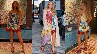 For another New York moment, Lively donned a different Dauphinette dress, this one adorned with white and blue beaded foliage. Completing the fairytale vibe was a charming little toadstool purse draped over her shoulder. (Instagram/@blakelively) For another New York moment, Lively donned a different Dauphinette dress, this one adorned with white and blue beaded foliage. Completing the fairytale vibe was a charming little toadstool purse draped over her shoulder. (Instagram/@blakelively)