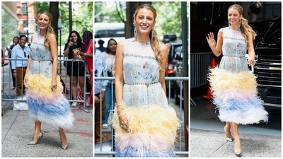 For another stylish look, she chose Dauphinette’s feather-trimmed “Heaven Is a Place on Earth” dress, featuring a feathered hemline and soft pastel colours. She belted the dress and completed the outfit with drop earrings. (Instagram/@blakelively) For another stylish look, she chose Dauphinette’s feather-trimmed “Heaven Is a Place on Earth” dress, featuring a feathered hemline and soft pastel colours. She belted the dress and completed the outfit with drop earrings. (Instagram/@blakelively)
