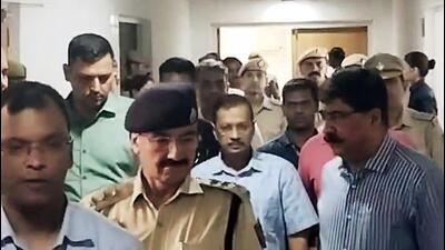 Delhi chief minister Arvind Kejriwal being taken to a city court by the CBI in connection with the excise policy case. (ANI Photo) Delhi chief minister Arvind Kejriwal being taken to a city court by the CBI in connection with the excise policy case. (ANI Photo)