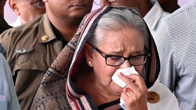 Bangladesh Prime Minister Sheikh Hasina weeps while she visits a metro station in Mirpur vandalised by students during the anti-quota protests. (AFP file) Bangladesh Prime Minister Sheikh Hasina weeps while she visits a metro station in Mirpur vandalised by students during the anti-quota protests. (AFP file)