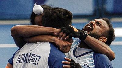 India's Harmanpreet Singh and teammates celebrate during the men’s quarterfinal hockey match against Great Britain, in the Paris Olympic 2024, at Yves Du Manoir Stadium in Paris on Sunday. (ANI) India's Harmanpreet Singh and teammates celebrate during the men’s quarterfinal hockey match against Great Britain, in the Paris Olympic 2024, at Yves Du Manoir Stadium in Paris on Sunday. (ANI)