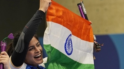 India's Manu Bhaker celebrates after winning bronze in the 10m air pistol women's final (AP) India's Manu Bhaker celebrates after winning bronze in the 10m air pistol women's final (AP)