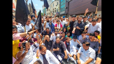 J&K Congress president Vikar Rasool Wani with party leaders during a protest in Jammu on Monday. (PTI) J&K Congress president Vikar Rasool Wani with party leaders during a protest in Jammu on Monday. (PTI)