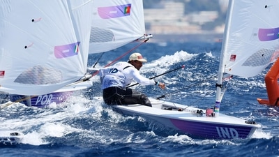 India's challenge in sailing came to an end with both Vishnu Saravanan and Nethra Kumanan falling out of contention for the final races in men's and women's dinghy respectively. Saravanan finished 18th overall in men's dinghy out of 43 with a net score of 114 after 8 races. (AFP) India's challenge in sailing came to an end with both Vishnu Saravanan and Nethra Kumanan falling out of contention for the final races in men's and women's dinghy respectively. Saravanan finished 18th overall in men's dinghy out of 43 with a net score of 114 after 8 races. (AFP)