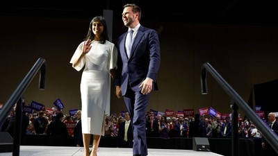Usha Vance sat down with Fox News' Ainsley Earhardt for an interview, which will air on Monday morning. However, a clip of the recorded interview was released Sunday. She defended her husband, JD Vance, amid intense criticism over his "childless cat ladies" remark. (Getty Images via AFP) Usha Vance sat down with Fox News' Ainsley Earhardt for an interview, which will air on Monday morning. However, a clip of the recorded interview was released Sunday. She defended her husband, JD Vance, amid intense criticism over his "childless cat ladies" remark. (Getty Images via AFP)