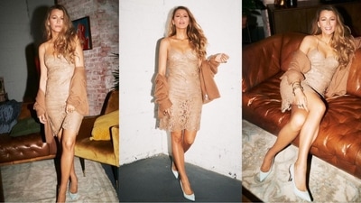 Blake raised the temperature in a strappy floral netted beige mini dress, accented by a knitted sweater casually wrapped around her arms. With pump heels, flowing hair, and a natural makeup look, she looked absolutely breathtaking. (Instagram/@blakelively) Blake raised the temperature in a strappy floral netted beige mini dress, accented by a knitted sweater casually wrapped around her arms. With pump heels, flowing hair, and a natural makeup look, she looked absolutely breathtaking. (Instagram/@blakelively)