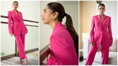 Aditi Rao Hydari is here to paint your screen pink with her stylish pantsuit look. Paired with golden hoop statement earrings and matching high heels, she looks absolutely stunning. With nude eyeshadow, blushed cheeks, and pink lips, she perfectly completes her chic ensemble. (Instagram/@aditiraohydari) Aditi Rao Hydari is here to paint your screen pink with her stylish pantsuit look. Paired with golden hoop statement earrings and matching high heels, she looks absolutely stunning. With nude eyeshadow, blushed cheeks, and pink lips, she perfectly completes her chic ensemble. (Instagram/@aditiraohydari)