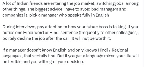 A man's post on how a candidate should judge a job on the language skills of their future manager. (LinkedIn)