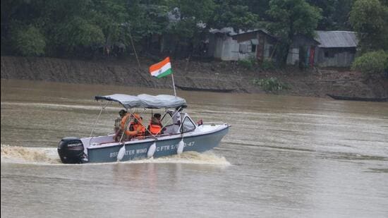 A BSF patrolling team in the border areas of Assam. (HT Photo)