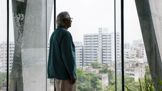 Bangladeshi Nobel Peace Prize winner Dr. Muhammad Yunus looks on as he poses for photo during an interview with Reuters in his office, in Dhaka, Bangladesh, June 4, 2024. 