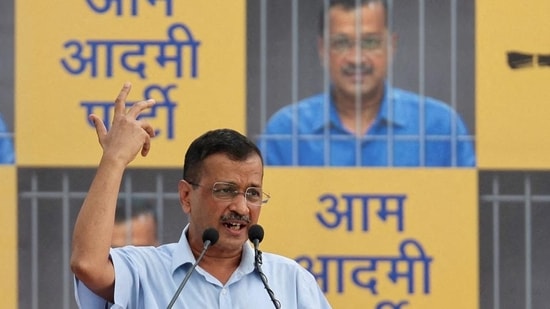 Delhi Chief Minister Arvind Kejriwal addresses supporters and members of the Aam Aadmi Party (AAP) at the party's headquarters in New Delhi, India, June 2, 2024. (REUTERS)