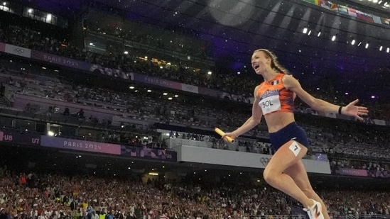 Paris Olympics 2024: Femke Bol of Netherlands celebrates as she crosses the line to win gold in the final. (Reuters)