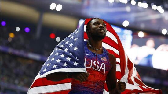 Gold medallist Noah Lyles of United States celebrates after the men's 100m final. (REUTERS)