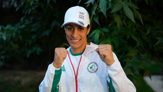 Algerian boxer Imane Khelif poses for a photo after an interview with SNTV at the 2024 Summer Olympics, Sunday, Aug. 4, 2024, in Paris, France. (AP / Vadim Ghirda)