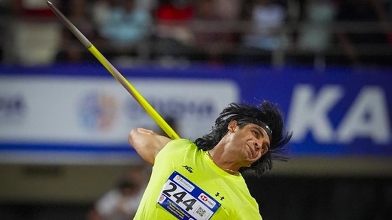 Neeraj Chopra in action during a javelin event(PTI)