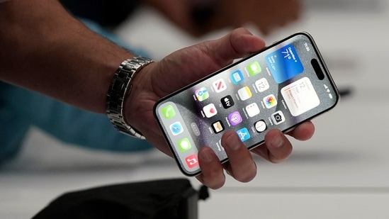 The iPhone 15 Pro is shown after its introduction on the Apple campus. (AP)