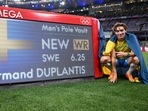 Armand Duplantis celebrates setting the new world record. Armand Duplantis celebrates setting the new world record.