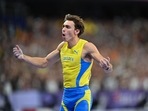 Armand Duplantis of Sweden celebrates after winning gold and establishing a world record.