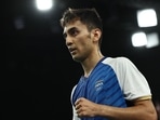  Lakshya Sen of India reacts during the match against Zii Jia Lee of Malaysia. 