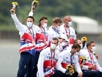 eam Great Britain pose with their bronze medals during the medal ceremony for the Men's Eight Final. eam Great Britain pose with their bronze medals during the medal ceremony for the Men's Eight Final.