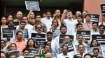 Lok Sabha leader of opposition Rahul Gandhi and INDIA bloc MPs protest in the Parliament complex on Tuesday. (ANI Photo) Lok Sabha leader of opposition Rahul Gandhi and INDIA bloc MPs protest in the Parliament complex on Tuesday. (ANI Photo)