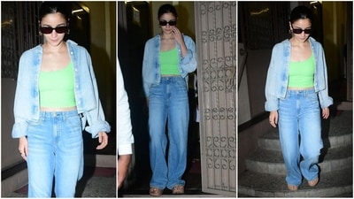 Alia Bhatt's casual look is a must-save for your next monsoon outing. She rocked a neon green cropped tank top, flared jeans, and a denim jacket. Black sunglasses and platform heels completed her effortlessly cool style. (HT photo/VarinderChawla) Alia Bhatt's casual look is a must-save for your next monsoon outing. She rocked a neon green cropped tank top, flared jeans, and a denim jacket. Black sunglasses and platform heels completed her effortlessly cool style. (HT photo/VarinderChawla)