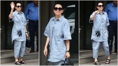 Karisma Kapoor's latest look shows that style and comfort go hand in hand. For an outing, she wore a light blue co-ord set featuring a loose-fitting long skirt with dark blue butterfly embroidery on one side. Paired with matching pants, black flats, sunglasses, and a chic handbag, she effortlessly serves up summer fashion goals. (HT photo/VarinderChawla) Karisma Kapoor's latest look shows that style and comfort go hand in hand. For an outing, she wore a light blue co-ord set featuring a loose-fitting long skirt with dark blue butterfly embroidery on one side. Paired with matching pants, black flats, sunglasses, and a chic handbag, she effortlessly serves up summer fashion goals. (HT photo/VarinderChawla)
