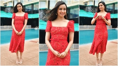 Shraddha Kapoor nails method dressing with her latest red look for Stree 2 promotions. Her outfit, featuring a square neckline, short sleeves, and floral lace detailing, was perfectly complemented by statement earrings, stacked bracelets, and high heels. (HT photo/VarinderChawla) Shraddha Kapoor nails method dressing with her latest red look for Stree 2 promotions. Her outfit, featuring a square neckline, short sleeves, and floral lace detailing, was perfectly complemented by statement earrings, stacked bracelets, and high heels. (HT photo/VarinderChawla)