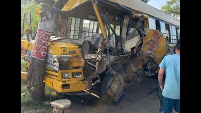 A seven-year-old boy was killed while five others were injured after a school van rammed into a tree on Raikot Road in Jagraon subdivision of Ludhiana district on Tuesday morning. A seven-year-old boy was killed while five others were injured after a school van rammed into a tree on Raikot Road in Jagraon subdivision of Ludhiana district on Tuesday morning.
