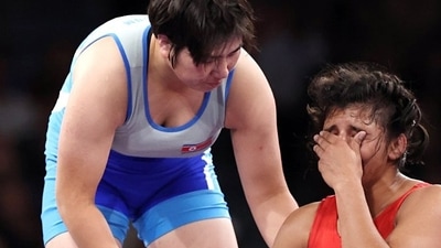 North Korea’s Sol Gum Pak consoles India's Nisha Dahiya during the women’s 68kg quarterfinal match in the Olympic Games Paris 2024, on Monday. (Olympic Khel- X) North Korea’s Sol Gum Pak consoles India's Nisha Dahiya during the women’s 68kg quarterfinal match in the Olympic Games Paris 2024, on Monday. (Olympic Khel- X)