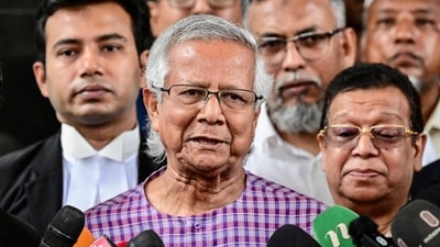 Nobel peace laureate Muhammad Yunus (C) speaks to the media after filing an appeal for the extension of his bail (File image) (AFP) Nobel peace laureate Muhammad Yunus (C) speaks to the media after filing an appeal for the extension of his bail (File image) (AFP)