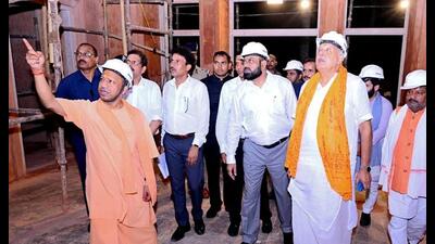CM Yogi Adityanath inspects Saket Sadan and other tourism development works in Ayodhya, on Tuesday. (ANI Photo) CM Yogi Adityanath inspects Saket Sadan and other tourism development works in Ayodhya, on Tuesday. (ANI Photo)