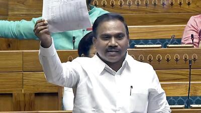 Dravida Munnetra Kazhagam MP A Raja speaks in the Lok Sabha during the monsoon session of Parliament. (SansadTV)