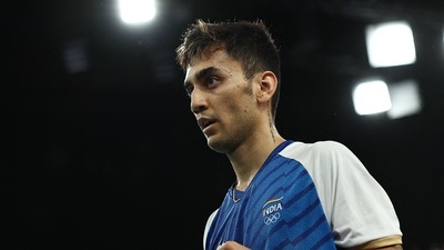 Lakshya Sen of India reacts during the match against Zii Jia Lee of Malaysia. (REUTERS)