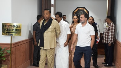 LoP in Lok Sabha Rahul Gandhi, Congress leader KC Venugopal and DMK MP TR Baalu leave after an all-party meeting. (PTI) LoP in Lok Sabha Rahul Gandhi, Congress leader KC Venugopal and DMK MP TR Baalu leave after an all-party meeting. (PTI)