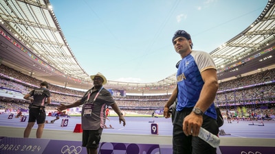 Neeraj Chopra enters the Stade de France for the qualification round (PTI) Neeraj Chopra enters the Stade de France for the qualification round (PTI)