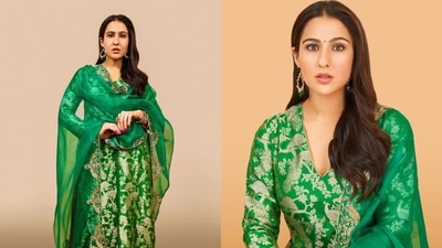 Sara Ali Khan's green Banarasi suit is the perfect inspiration for Hariyali Teej. It's classy, elegant, and timeless. The V-neck long Anarkali kurta adorned with intricate golden work and a netted dupatta is simply stunning. Pair it with statement earrings and a little black bindi for total festive glam. (Instagram) Sara Ali Khan's green Banarasi suit is the perfect inspiration for Hariyali Teej. It's classy, elegant, and timeless. The V-neck long Anarkali kurta adorned with intricate golden work and a netted dupatta is simply stunning. Pair it with statement earrings and a little black bindi for total festive glam. (Instagram)