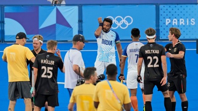 Indian players dejected after losing the men's hockey semi-final to Germany at Paris Olympics