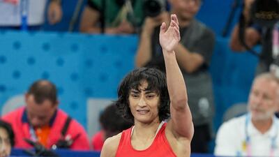 Vinesh Phogat celebrates after winning her semi-final against Cuba's Yusneylys Guzman Lopez, in Paris on Tuesday. (PTI) Vinesh Phogat celebrates after winning her semi-final against Cuba's Yusneylys Guzman Lopez, in Paris on Tuesday. (PTI)