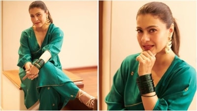 Get ready to upgrade your ethnic fashion game with a touch of modern glam, inspired by Kajol. Ditch the sarees and traditional kurtas and go for a chic green kurta with a deep V-neckline and full sleeves. Pair it with matching flared pants, stacked glass bangles, statement earrings, and you're ready to slay. (Instagram/@kajol) Get ready to upgrade your ethnic fashion game with a touch of modern glam, inspired by Kajol. Ditch the sarees and traditional kurtas and go for a chic green kurta with a deep V-neckline and full sleeves. Pair it with matching flared pants, stacked glass bangles, statement earrings, and you're ready to slay. (Instagram/@kajol)