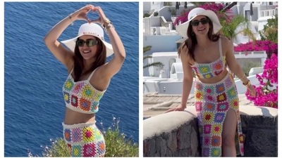 Kriti Sanon posed in her multi-coloured betted co-ord set during her birthday vacation at Greece a she celebrated her 33rd birthday. She completed her look with a white hat and black sunglasses as she kept her hair loose. She made a love sign with her hands as she posted her last reel before returning to India. The actor was accompanied by sister Nupur Sanon and rumoured boyfriend Kabir Bahia. Kriti Sanon posed in her multi-coloured betted co-ord set during her birthday vacation at Greece a she celebrated her 33rd birthday. She completed her look with a white hat and black sunglasses as she kept her hair loose. She made a love sign with her hands as she posted her last reel before returning to India. The actor was accompanied by sister Nupur Sanon and rumoured boyfriend Kabir Bahia. 