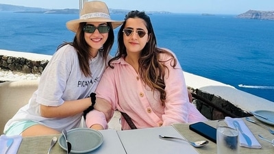 Kriti Sanon posted multiple pictures with Nupur Sanon during her birthday celebrations from Greece. The actor can be seen waiting for her Greek breakfast with her younger sister during their vacation. Nupur looked adorable in a pink shirt and black sunglasses. Kriti opted for a casual grey t-shirt and navy blue shorts paired with hat and black shades. Nupur also shared the pictures from their exotic holiday on her Instagram handle. Kriti Sanon posted multiple pictures with Nupur Sanon during her birthday celebrations from Greece. The actor can be seen waiting for her Greek breakfast with her younger sister during their vacation. Nupur looked adorable in a pink shirt and black sunglasses. Kriti opted for a casual grey t-shirt and navy blue shorts paired with hat and black shades. Nupur also shared the pictures from their exotic holiday on her Instagram handle.