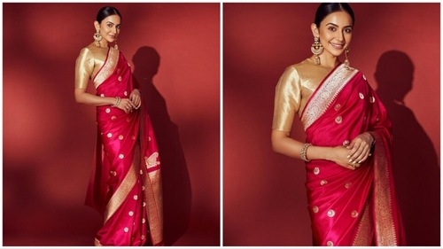 Rakul Preet Singh mesmerised her fans in stunning red Banarasi silk saree. (Instagram/@rakulpreet) Rakul Preet Singh mesmerised her fans in stunning red Banarasi silk saree. (Instagram/@rakulpreet)