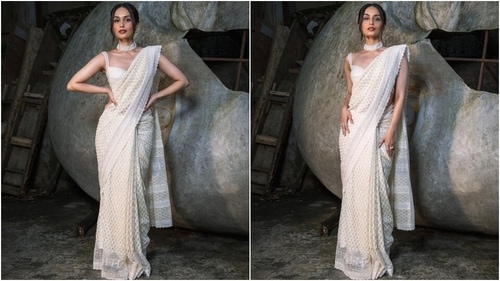 Manushi Chhillar stuns in a Chikankari saree and bralette blouse. (Instagram ) Manushi Chhillar stuns in a Chikankari saree and bralette blouse. (Instagram )