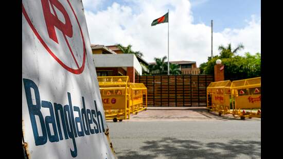 A general view shows barricades aligned outside the Bangladesh High Commission building in New Delhi on August 6, 2024. Bangladesh's military was in control of the country on August 6, after mass protests forced longtime ruler Sheikh Hasina to resign and flee. (Photo by Sajjad HUSSAIN / AFP) (AFP)