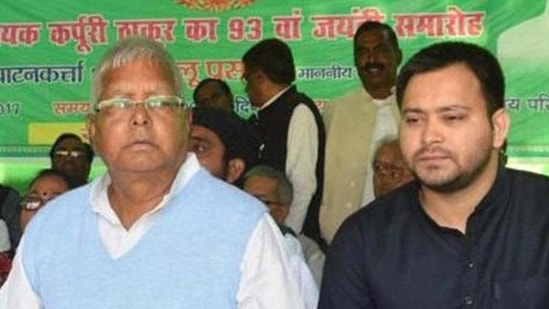 Former railway minister Lalu Prasad Yadav and former Bihar deputy chief minister Tejashwi Yadav were named in the charge sheet filed by ED in in the money laundering case related to the alleged land-for-jobs scam (PTI)