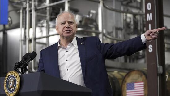 Governor Tim Walz, D-Minnesota, speaks before President Joe Biden at the Earth Rider Brewery, January 25, 2024, in Superior, Wisconsin. (AP)