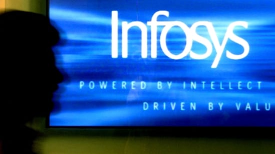 A man walks past a billboard of Infosys Technologies Ltd's office in Bangalore.