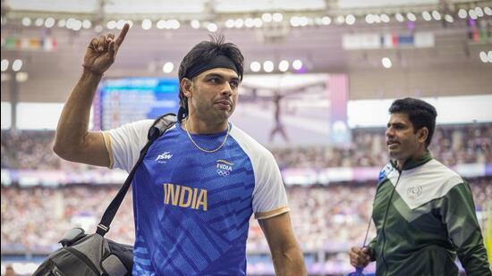 Neeraj Chopra during the javelin throw qualification round in Paris on Tuesday. (PTI)